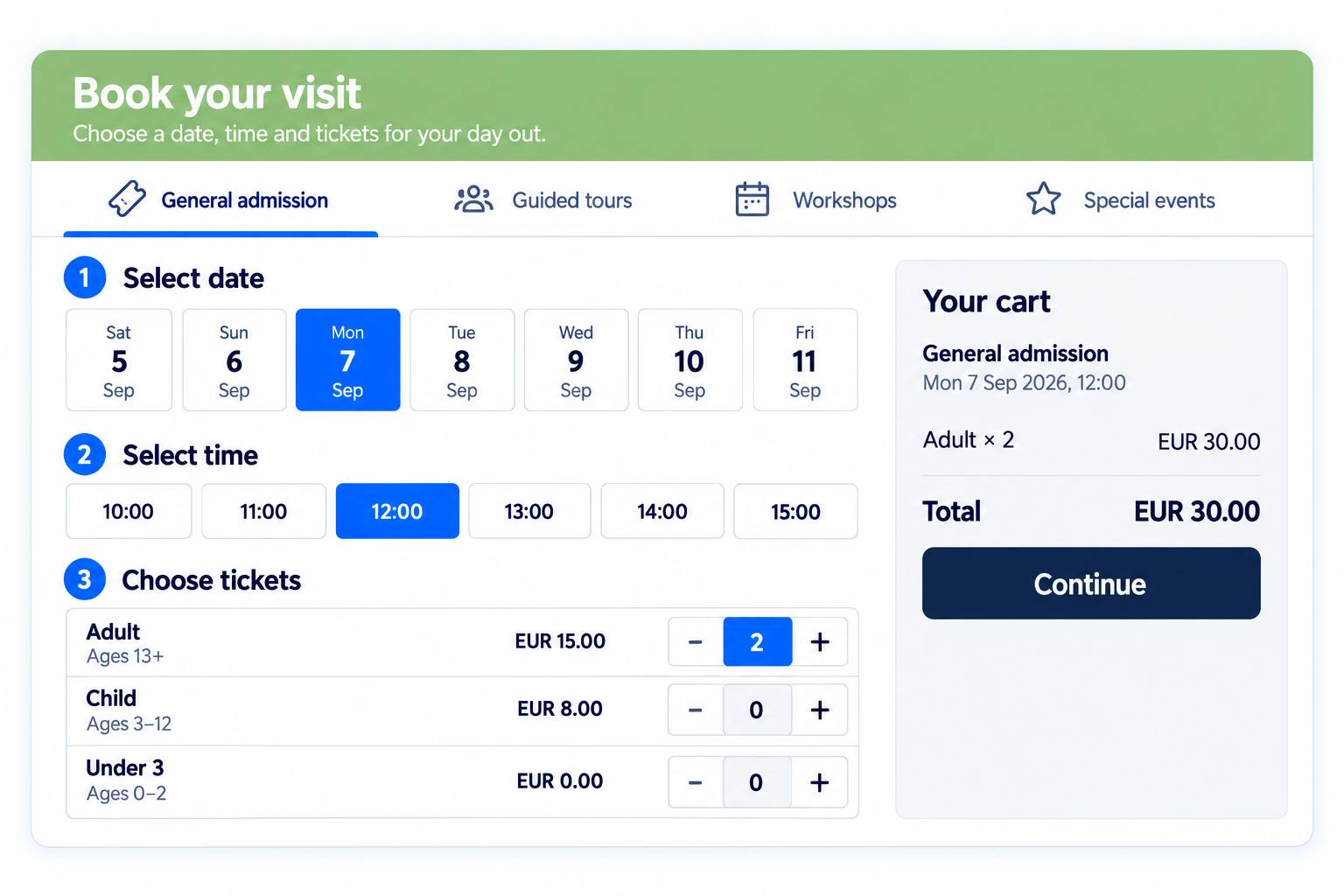Illustration of the YourDaysOut booking journey showing product, date, time and ticket selection