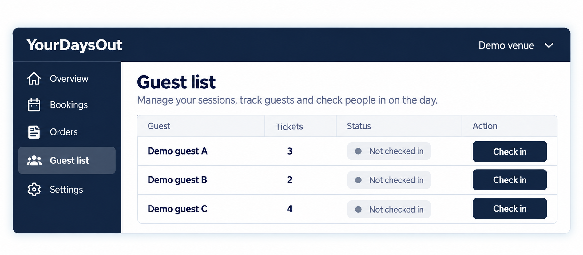 Illustration of the YourDaysOut business dashboard showing the guest list and check-in controls